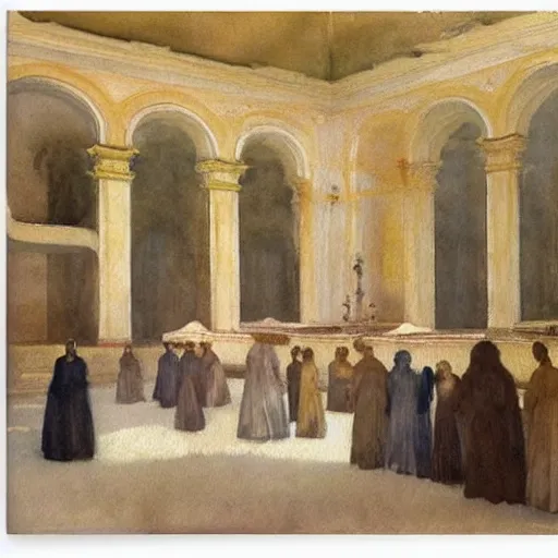 Image similar to a procession of women in an abandoned ivory and gold soviet temple, watercolor by ivan biblin, by hammershøi, art noveau, highly detailed, lights by edward hopper, liminal, eerie, bright pastel colors