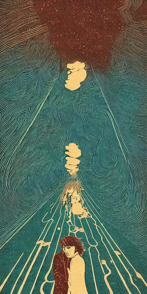 Image similar to eternal sunshine of the spotless mind, film grain, poster, style of 2d retro woodblock, layers of surreal geology, black fine lines on teal , stanley donwood, victo ngai, orthographic Wes Anderson