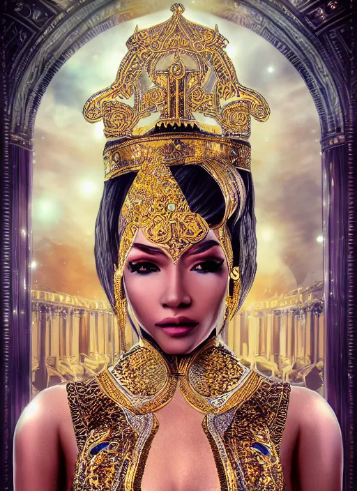 Image similar to beautiful full body concept art, photorealistic symmetrical beautiful face, symmetric eyes, female priestess with shiny hair wearing full intricate clothing, temple, godray, intricate lighting, micro detail, symmetric hands, cg society