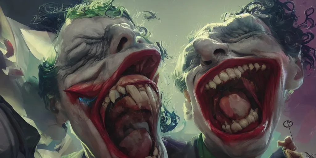 Image similar to Every Joker ever laughing at you, Darek Zabrocki, Karlkka, Jayison Devadas, Phuoc Quan, trending on Artstation, 8K, ultra wide angle, pincushion lens effect