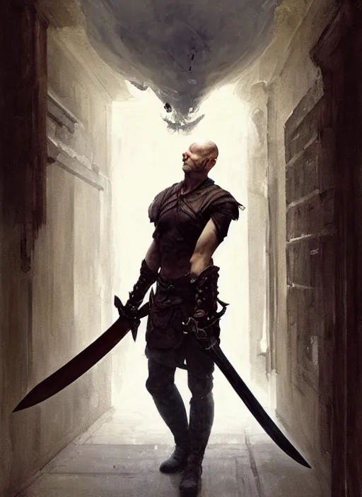 Image similar to a young man with wide, intense eyes, standing upside down on the ceiling of a hallway. he is bald and clean shaven, dressed entirely in white and holding a huge sword. painting by greg rutkowski and raymond swanland