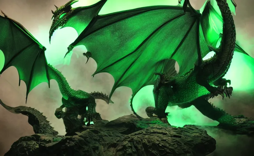 Image similar to green dragon, smiling, studio shot, volumetric lighting