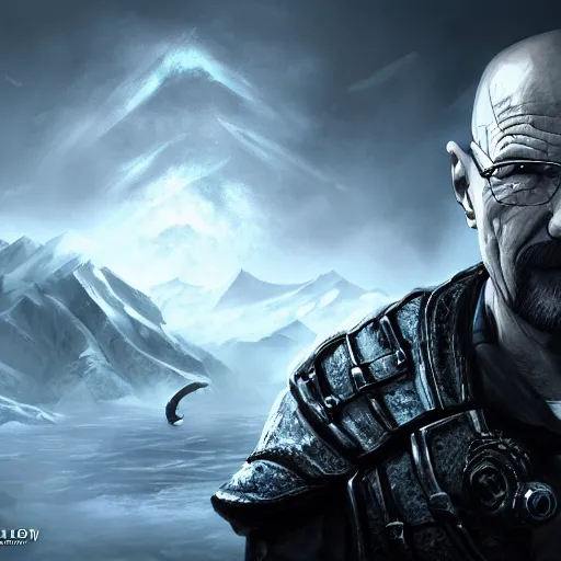 Image similar to Walter White in Skyrim, League of Legends amazing splashscreen artwork, (Gears of War), splash art,natural light, elegant, photorealistic facial features, intricate, fantasy, detailed face, atmospheric lighting, anamorphic lens flare, cinematic lighting, league of legends splash art, hd wallpaper, ultra high details by Greg rutkowski