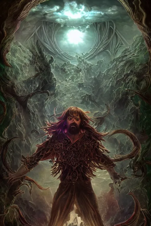 Image similar to an ultra detailed 3 d render of shaggy from scooby doo as an elden ring boss, epic anime fantasy, 8 k, in the style of a fantasy metal album cover and magic the gathering, volumetric lighting, smooth, highly detailed, digital illustration, octane render, art by albert bierstadt and greg rutkowsi, artstation