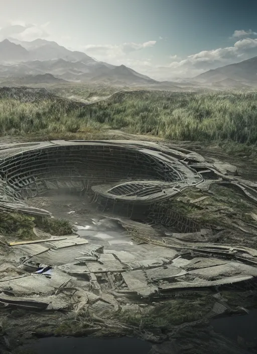 Image similar to techno chuquicamata bioremediation white mining tailing futuristic horizontal architecture, epic, cinematic, hyperealistic, high detailed, corona render, hdr, ray tracing