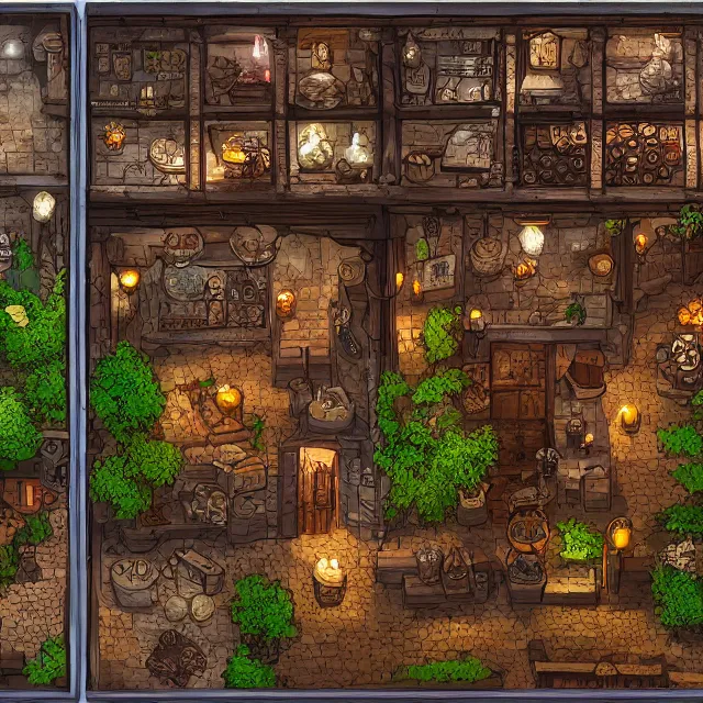 Image similar to a top - down rpg battlemap of a cosy medieval apothecary shop, volumetric lighting, digital art, artstation hd, / r / battlemaps