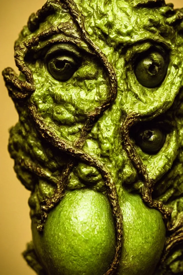 Image similar to renaissance portrait close up of highly detailed respected dragonskinned avocado, fake mustache, dramatic cinematic lighting, 8 k