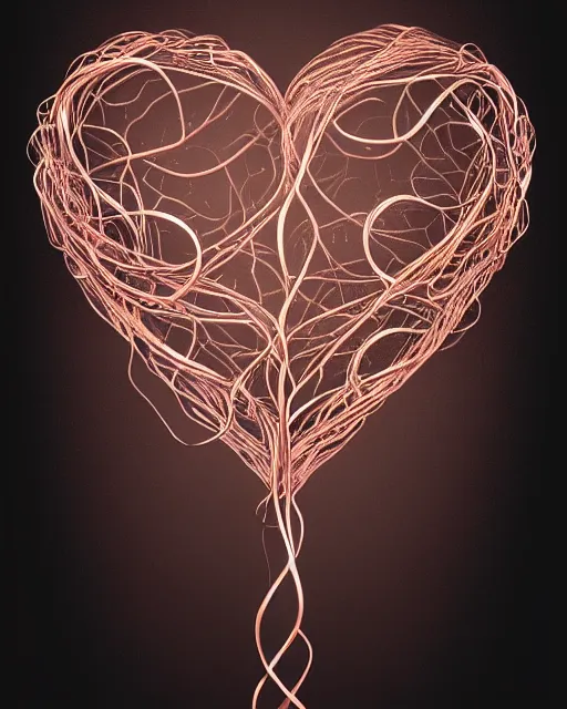 Prompt: rose gold heart, wrapped in vines, vray, deep black background, machine face, intricate, elegant, highly detailed, digital painting, prism highlights, c 4 d, artstation, cgsociety, concept art, smooth, sharp focus, telephoto, illustration, yoshitaka amano, 8 k