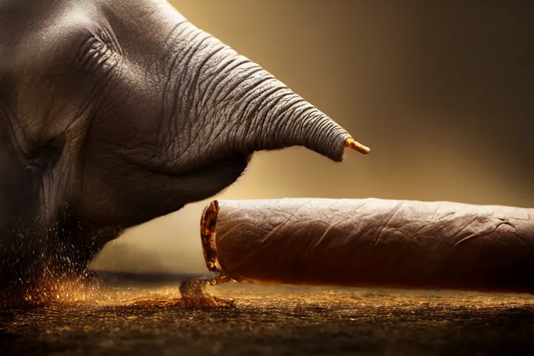 Prompt: ultra realistic nature photography, picture of ( subject : a cigar smoked by an elephant ). the scene is set in a cigar lounge, a very smokey atmosphere, small thick clouds of cigar smoke, artstation, focus on the cigar, extremely detailed and crisply sharp cigar, hyperrealistic smoke, sigma, 4 k