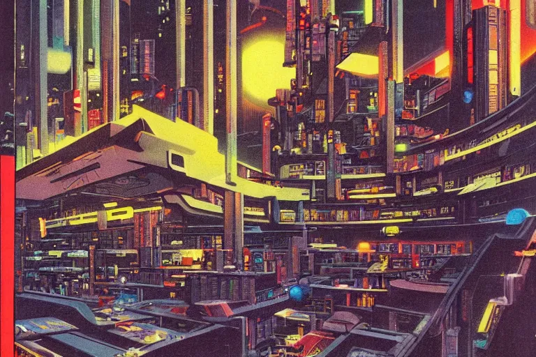 Prompt: 1979 OMNI Magazine Cover of a sprawling library with floating wizards in neo-Tokyo in cyberpunk style by Vincent Di Fate