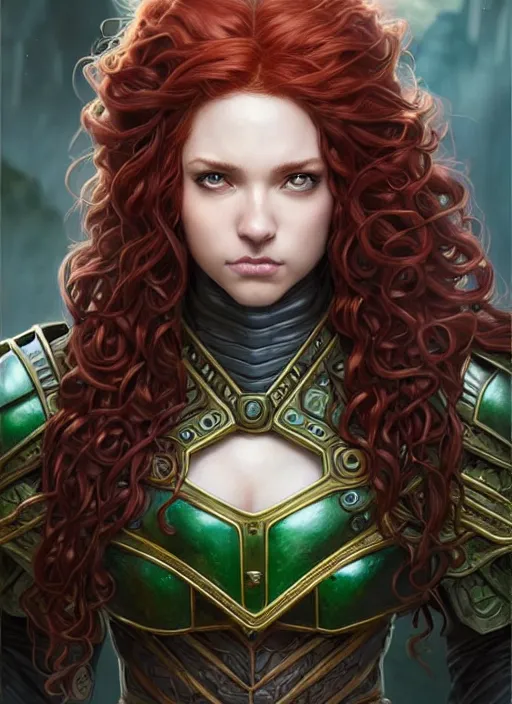 Image similar to ranger, light armor!!! long curly red hair!! covered chest!!! green eyes, fantasy, d & d, intricate ornate details, digital painting, pretty face!!, symmetry, concept art, sharp focus, illustration, art by artgerm! greg rutkowski magali villeneuve wlop! ilya kuvshinov!!, octane render