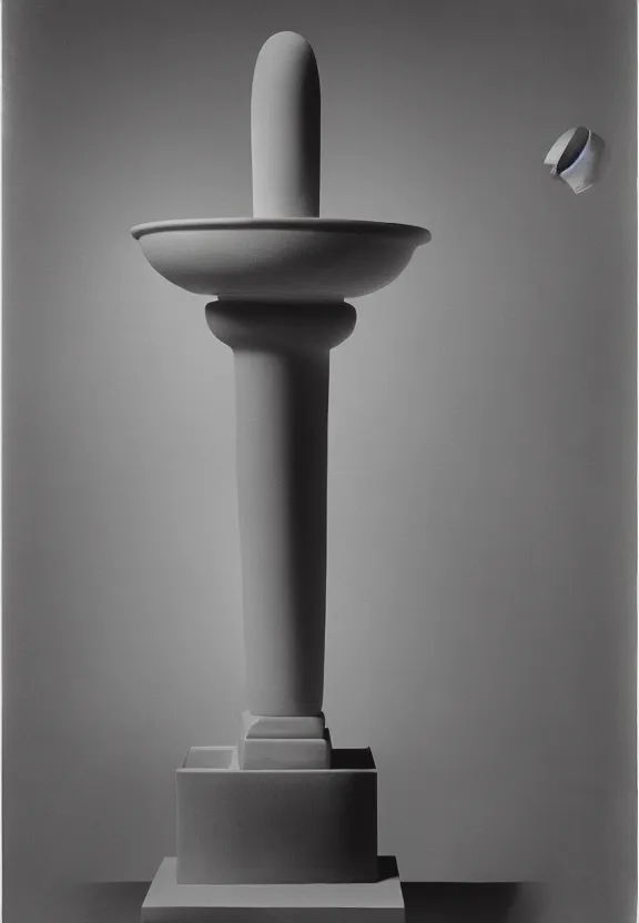 Image similar to a packshot of fountain ( fontaine ) readymade by marcel duchamp, archival pigment print, 1 9 2 0, conceptual art, white, grey, gray, underexposed grey, hues of subtle grey, ready - made, studio shoot, studio lighting