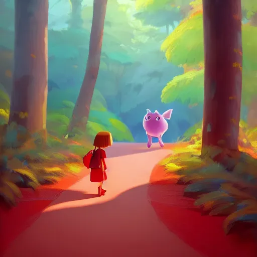 Image similar to goro fujita ilustration dora the explorer with short blonde hair and a long red outfit, walking next to a river in the forest, painting by goro fujita, sharp focus, highly detailed, artstation