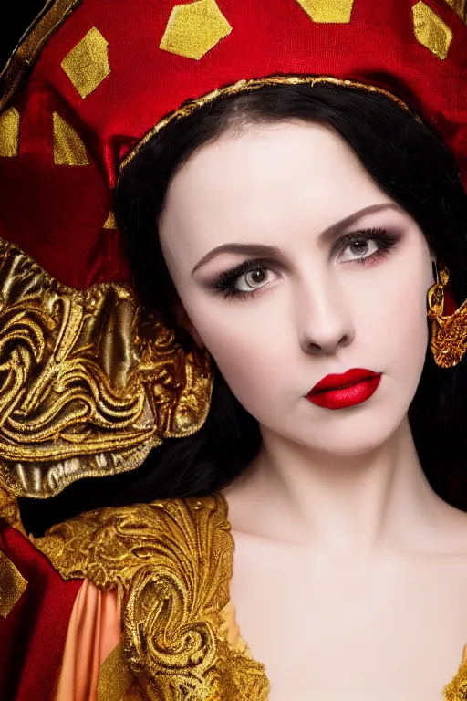 Image similar to adult portrait of historically accurate, ancient biblical, sultry, sneering, evil, pagan, wicked, young queen jezebel, wearing gilded red robes, long black hair, intricate, elegant, highly detailed, digital photograph, photorealistic, 8k, cinematic, smooth, sharp focus