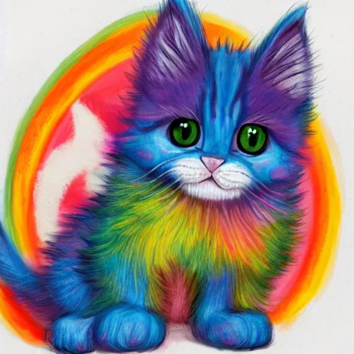 Image similar to wide angle full body, of a fluffy cute rainbow kitten wearing a black motorcycle jacket, concept art