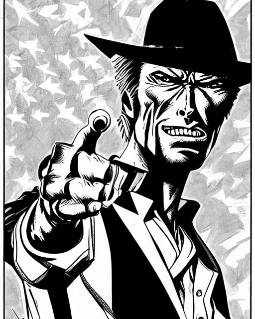 Image similar to Digital color pen drawing of Clint Eastwood from JoJo\'s Bizzare Adventure, highly detailed, sharp focus, screentone shading, 1990 manga panel, trending on ArtStation, manga cover art drawn by Hirohiko Araki