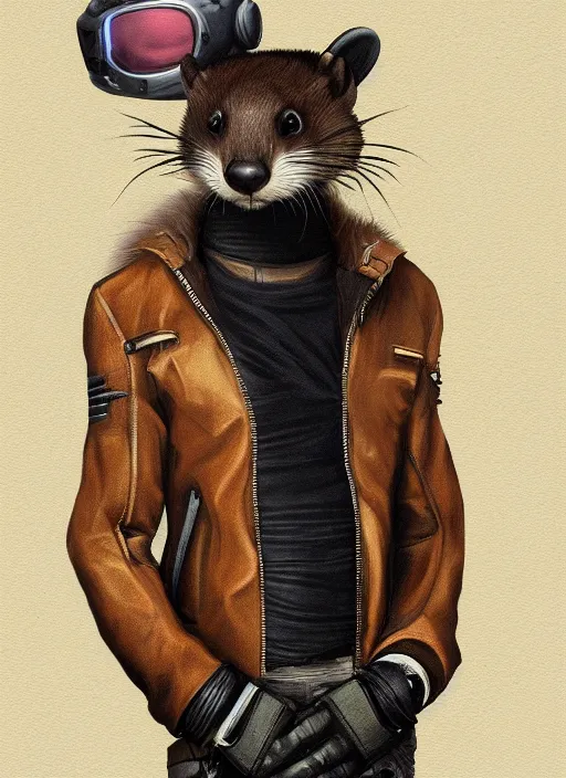 Prompt: cyberpunk anthropomorphic ferret pine marten, wearing leather jacket, medium shot portrait, digital painting, trending on ArtStation