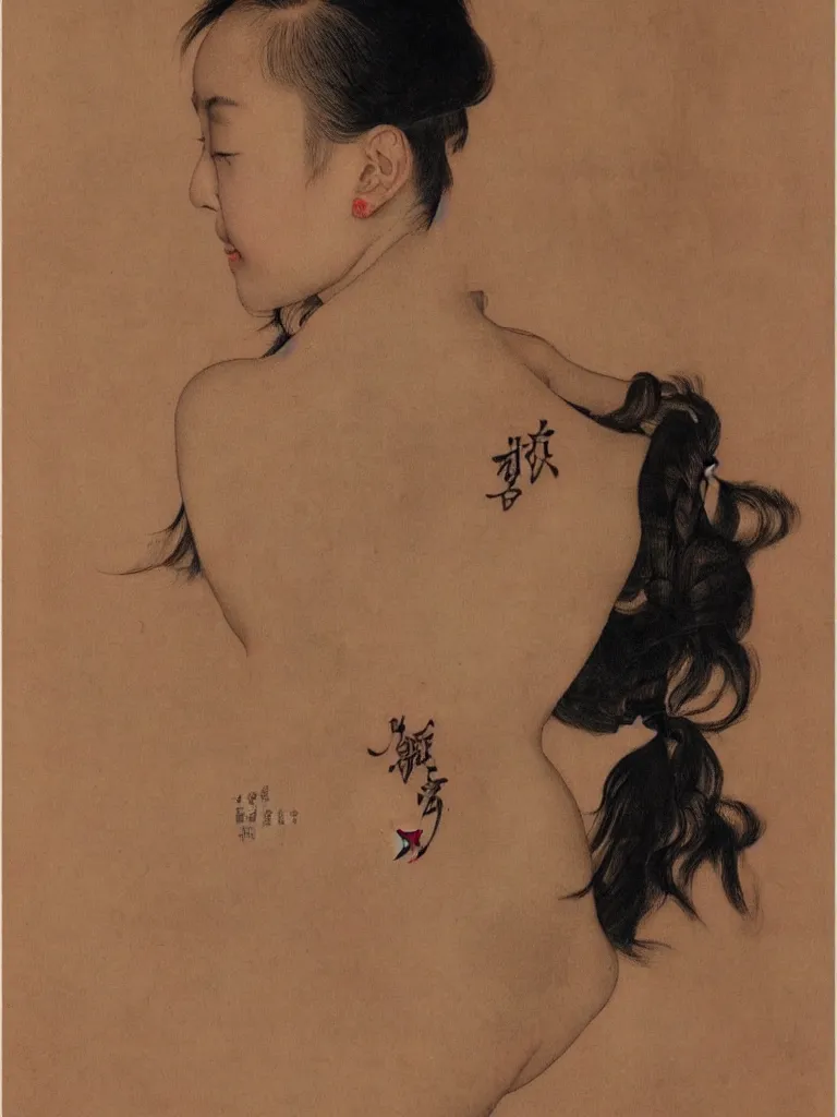 Image similar to a Portrait of a beautiful Chinese girl with a tattoo of a dragon on her back by Norman Rockwell