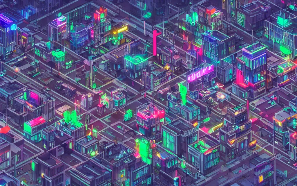 Prompt: a city square in a typical cyberpunk town, isometric aerial view, futuristic, high rise, buildings, neon signs, illustration, very detailed, award winning, artstation, artgem