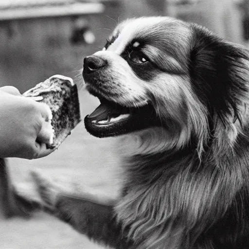 Prompt: a detailed photo of a tibetan spaniel stealing a sandwich off a person