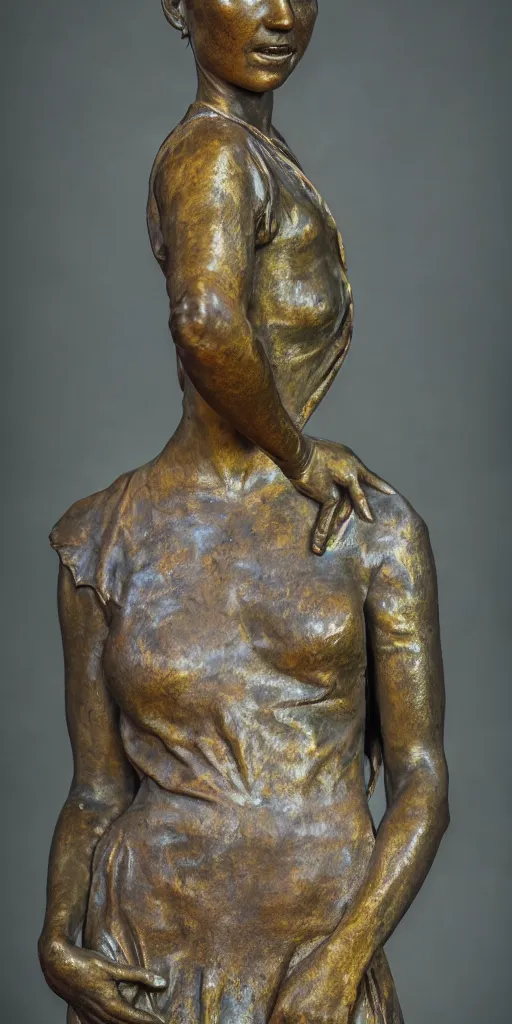 Image similar to detailed photo of an old bronze patina statue of beautiful emma truman, full body portrait, photorealism, intricate detail, museum diffuse lighting