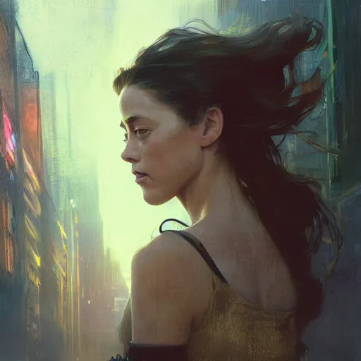 Image similar to hyperrealistic portrait of a woman as amber heard on a bladerunner street the art of elysium by jeremy mann and alphonse mucha, fantasy art, photo realistic, dynamic lighting, artstation, poster, volumetric lighting, very detailed faces, 4 k, award winning