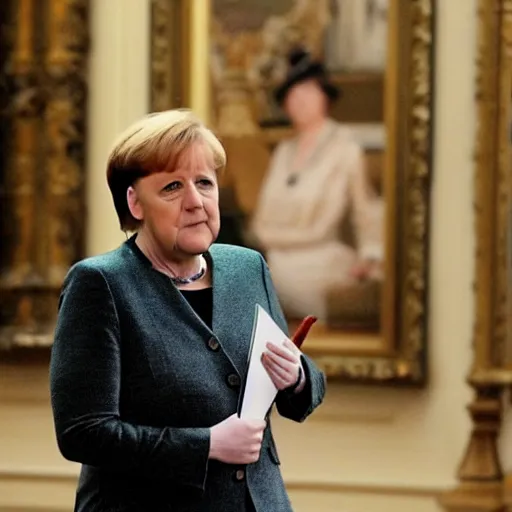 Prompt: Angela merkel performs at downton Abbey.