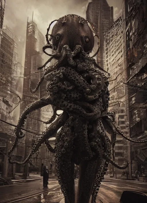 Image similar to hyperrealism, detailed textures, photorealistic 3 d cyberpunk octopus queen in apocalyptic city, futuristic clothing and helmet, ultra realistic, cinematic, intricate, low light, unreal engine 8 k