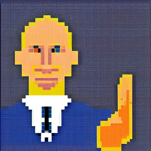 Image similar to a pixel art of putin pointing up with one finger