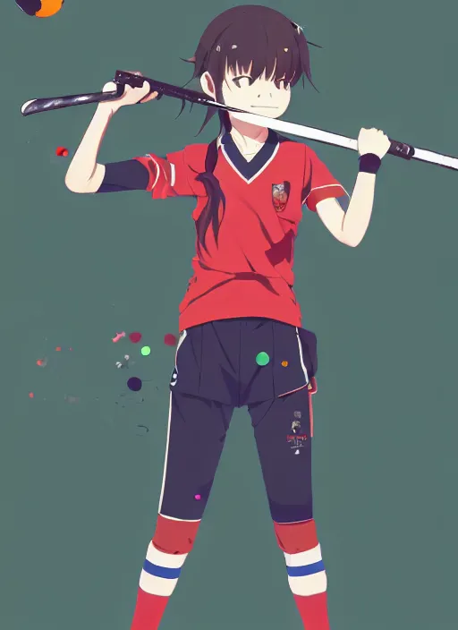 Prompt: a sport player girl with hockey clothes, softair center landscape, illustration, concept art, anime key visual, trending pixiv fanbox, by wlop and greg rutkowski and makoto shinkai and studio ghibli and kyoto animation, paintball world cup, symmetrical facial features, short hair, blue lens airsoft mask, red airsoft electric pistol, realistic anatomy