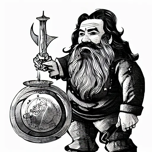 Image similar to dwarf with beard, holding a bomb, dnd, high detail, fantasy, in the style of vintage antique illustration and line drawing or engraving