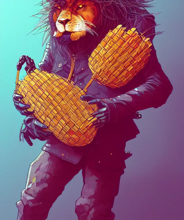 Image similar to a portrait of an anthropomorphic cyberpunk lion holding a fruit basket, fantasy, elegant, digital painting, artstation, concept art, matte, sharp focus, illustration, art by josan gonzalez