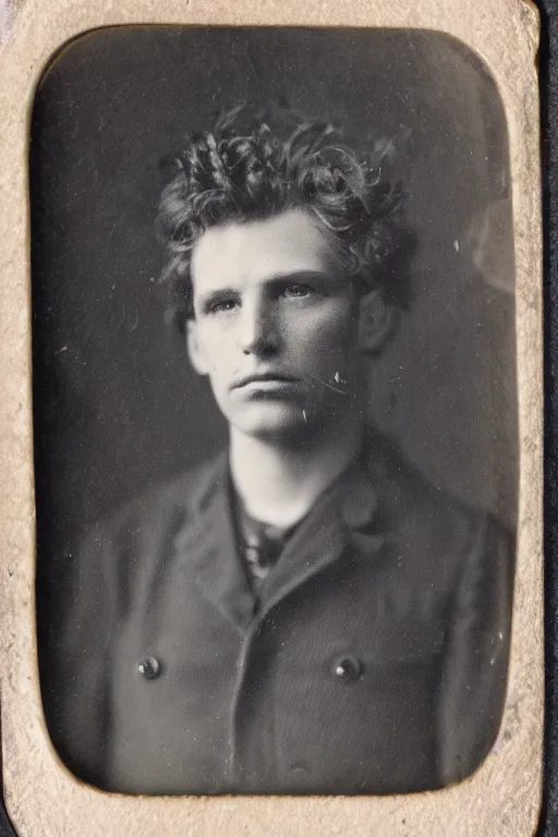 Prompt: a tintype photo of a man with crazy hair