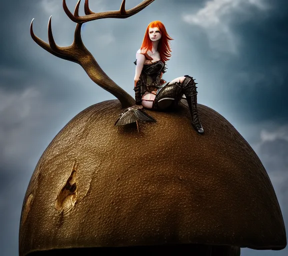 Prompt: a portrait photo of an armored female warrior redhead with antlers sitting on the edge of a giant mushroom that covers a whole town and reaches above the clouds by luis royo. intricate. lifelike. soft light. sony a 7 r iv 5 5 mm. cinematic post - processing