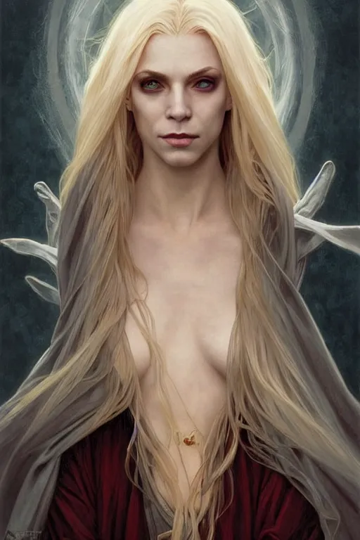 Image similar to portrait of a blonde vampire elven mage, dark, piercing eyes, gentle expression, elegant clothing, photorealistic, highly detailed, artstation, smooth, sharp focus, art by michael whelan, artgerm, greg rutkowski and alphonse mucha