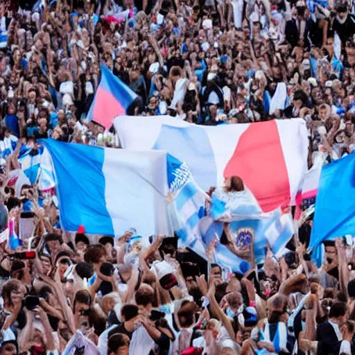 Image similar to Lady Gaga as president, Argentina presidential rally, Argentine flags behind, bokeh, giving a speech, detailed face, Argentina