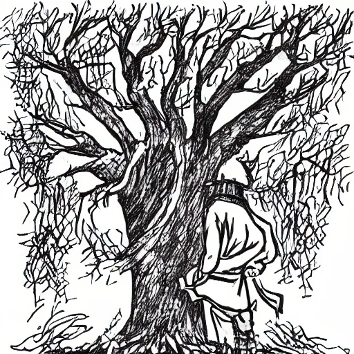 Prompt: cartoonish wizard in the tree drawing,