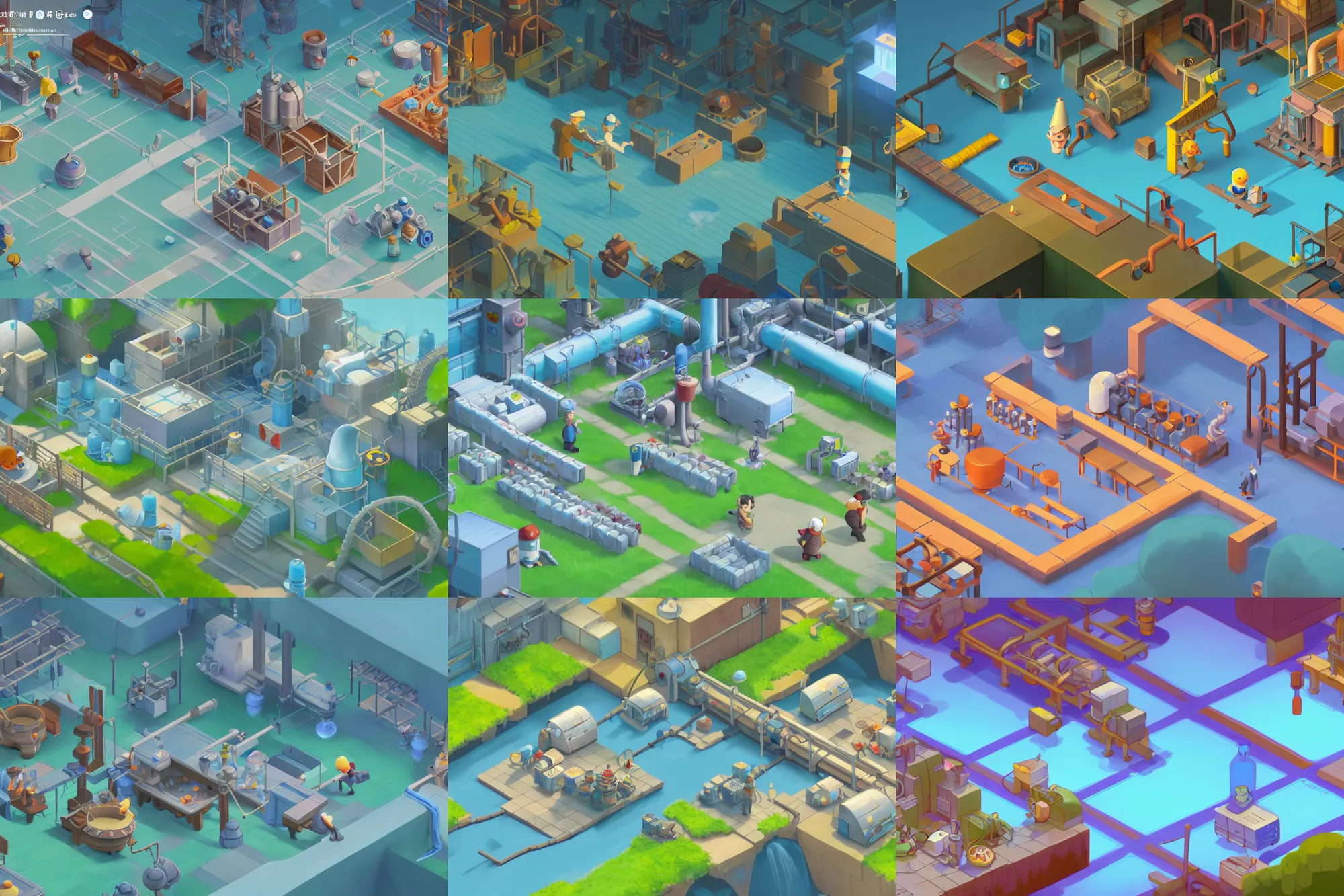 Prompt: video game screenshot with user interface. isometric view of a production line laboratory producing magic potions, conveyor belts, gears. cartoon pixar. outdoor light blue grass. beautiful trending rtx render. cory loftis, james gilleard, studio ghibli, rim light, clear focus, very coherent