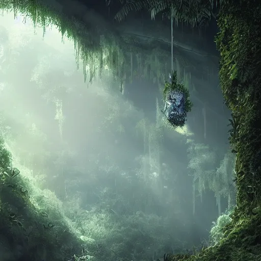 Prompt: mystical cave with lush vegetation and spiderwebs hanging from ceiling, light shining through, sharp focus, highly detailed, cgsociety, desaturated, hazy