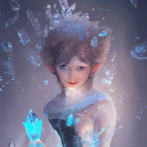 Image similar to a fantasy elf woman trapped and frozen trying to get out of a block of clear ice, with frozen flowers around her, artstation, greg rutkowski