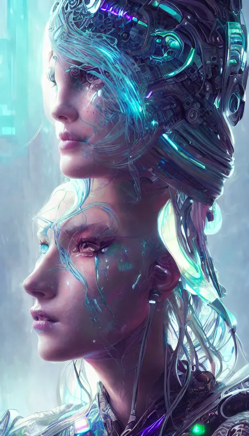 Image similar to cyberpunk angry gorgeous elven queen, neon, fibonacci, sweat drops, insane, intricate, highly detailed, digital painting, artstation, concept art, smooth, sharp focus, illustration, Unreal Engine 5, 8K, art by artgerm and greg rutkowski and alphonse mucha