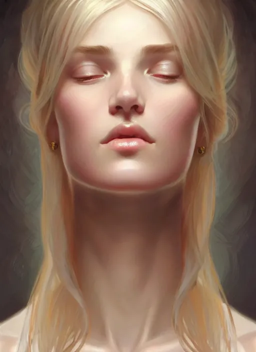 Image similar to perfectly feminine face!! portrait of young wife blessed by god with ever - increasing physical mental perfection, blonde, symmetrical! intricate, sensual features, highly detailed, biblical divine holy perfection!! digital painting, artstation, concept art, smooth, sharp focus, illustration, art by artgerm and greg rutkowski and alphonse mucha