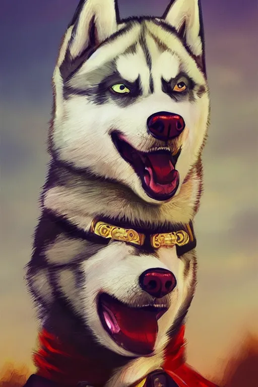 Image similar to a portrait painting of a husky in cowboy costume in the style of anime, character design, a fistful of dollars, per un pugno di dollari, treniding on artstation