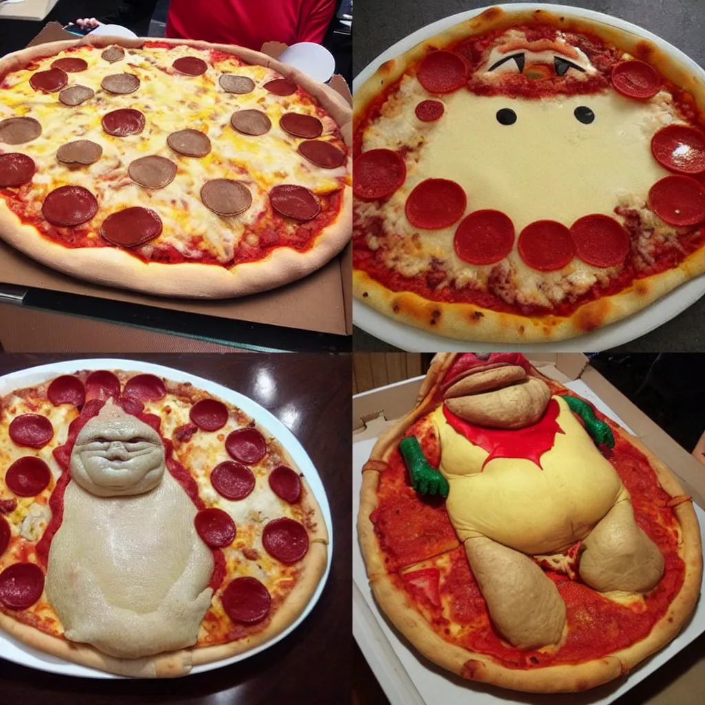 Prompt: jabba the hut made out of pizza