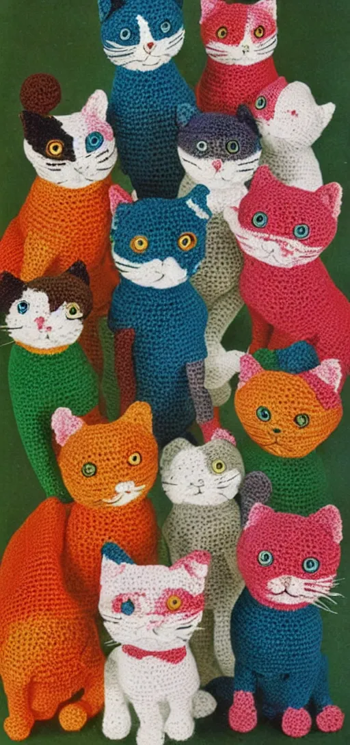 Image similar to multicolored crocheted cats, 1 9 6 0 s catalogue photo,