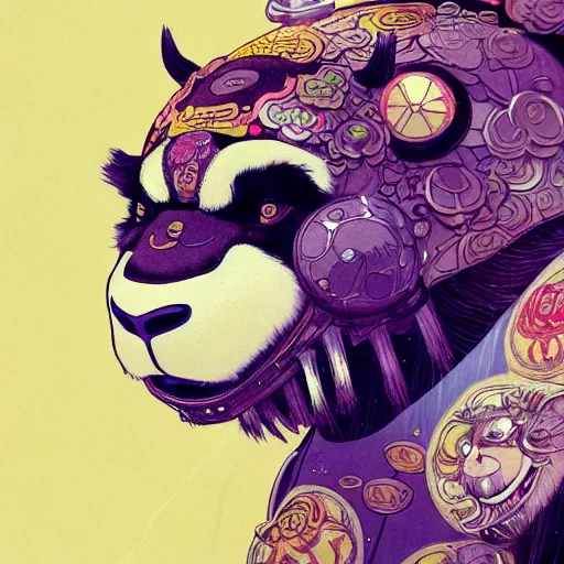 Image similar to a beautiful hyperdetailed character design 4 k wallpaper illustration of a cute panda with a chinese lion dance head victo ngai cyberpunk style, from china, style of studio ghibli, makoto shinkai, raphael lacoste, louis comfort tiffany, artgerm, james jean, ross tran, chinese style