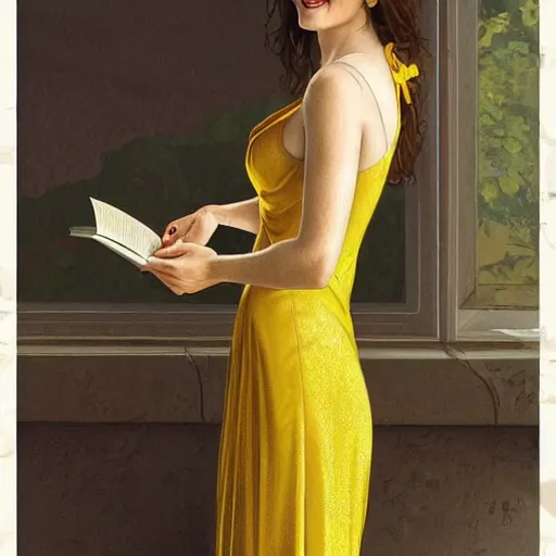 Image similar to a smiling alexandra daddario wearing a yellow dress and reading a book, masterpiece, intricate, elegant, highly detailed, digital painting, artstation, concept art, smooth, sharp focus, illustration, art by artgerm and greg rutkowski and alphonse mucha and uang guangjian and gil elvgren and sachin teng, symmetry!!