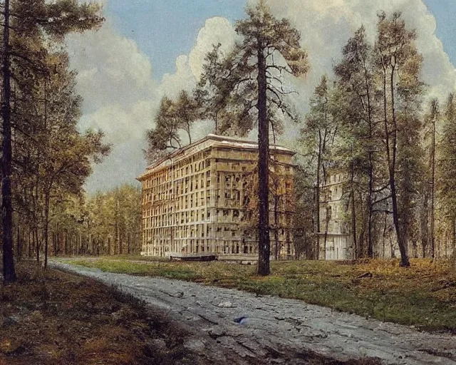 Image similar to beautiful matte painting of cute soviet block of flats hrushevka in end of forest by ivan shishkin,