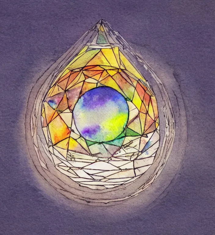 Prompt: a 1988 watercolor and ink illustration of an intricate and faceted crystal ball with a world inside of it + dissolving in to light + prism + god rays + dramatic lightning + backlit + specular + caustics