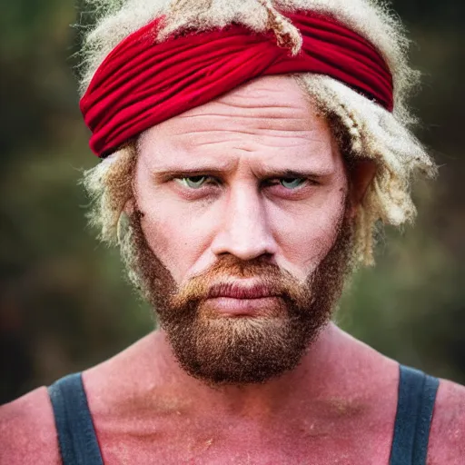 Prompt: outdoors photo portrait of an rugged albino african pirate with a red headband | brown vest | strong young adult, thin blonde mustache, afro blonde hair, stern face, rugged and dirty, cinematic lighting at sundawn, movie color grading